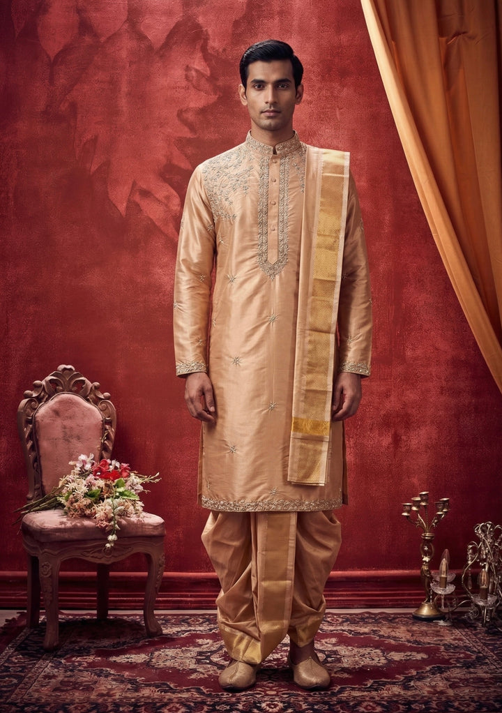 Peach Silk Embroidered Pattu Kurta with Dhoti &amp; Angavastram