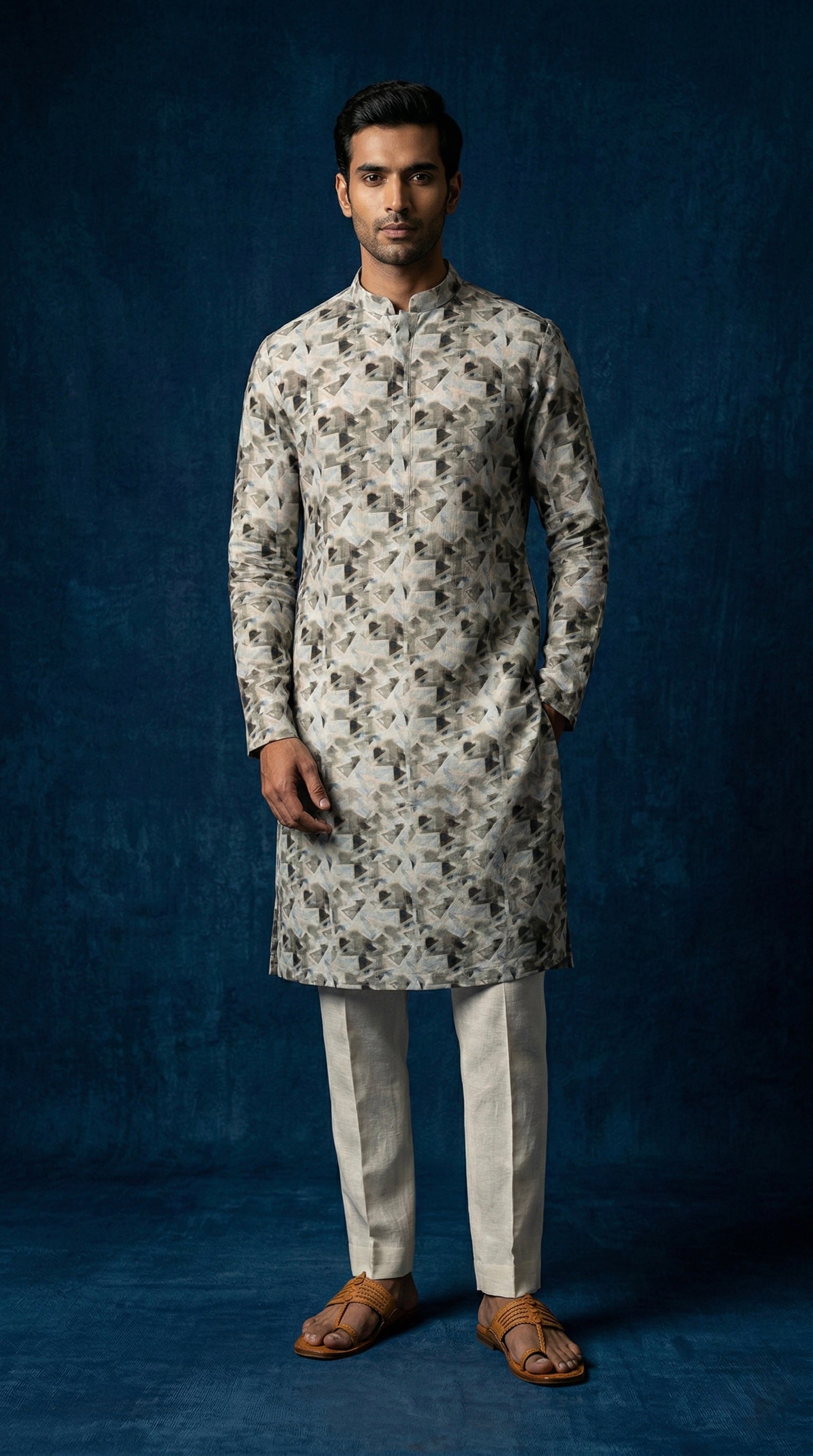Grey Geometric Printed 100% Linen Kurta with Trousers