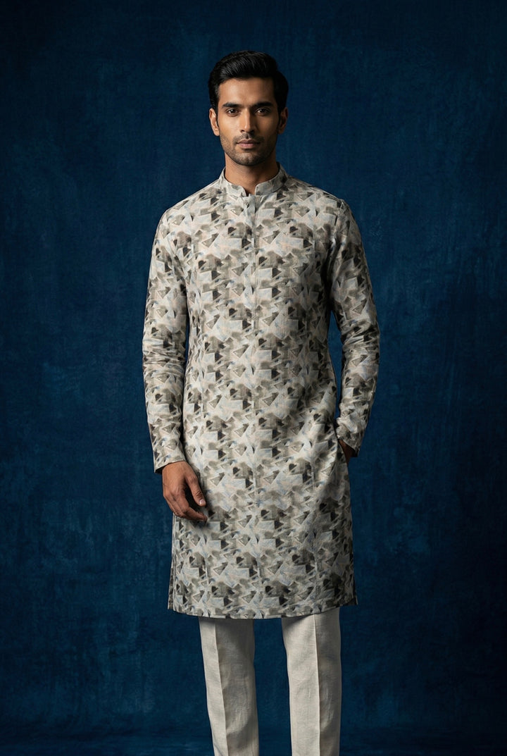 Abees Grey linen printed kurta set with trousers - front view