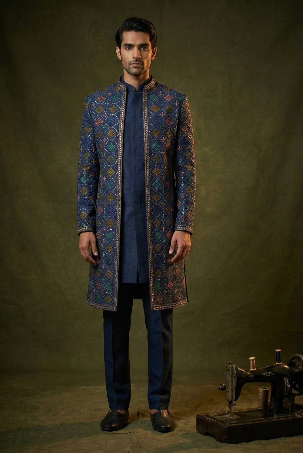 Abees Blue embroidered layered sherwani set - front view