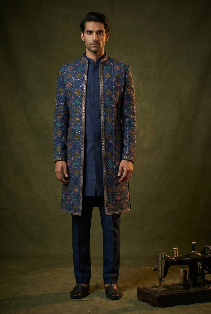 Abees Blue embroidered layered sherwani set - front view