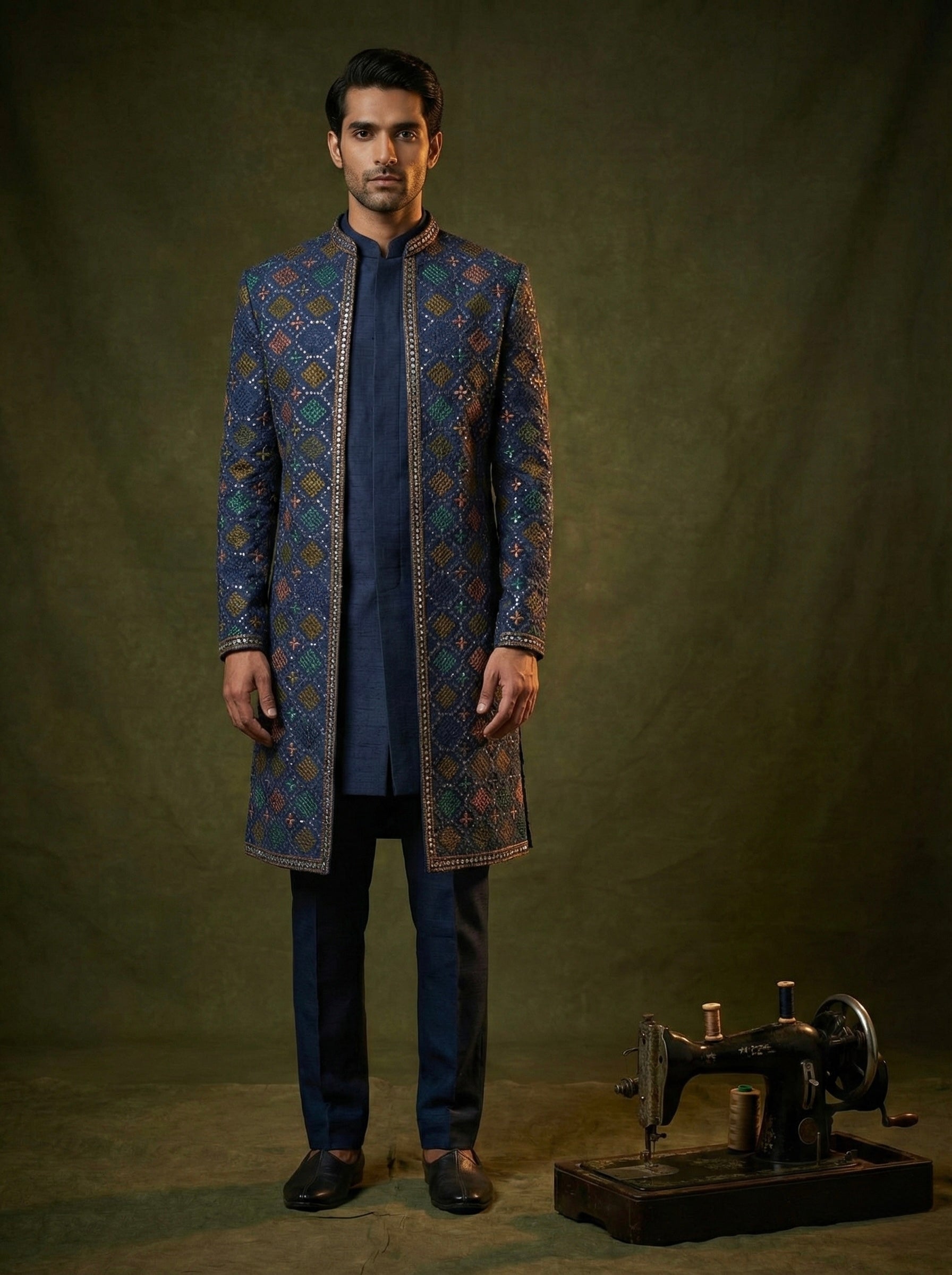 Midnight Blue Geometric Embroidered Layered Sherwani Set for Men