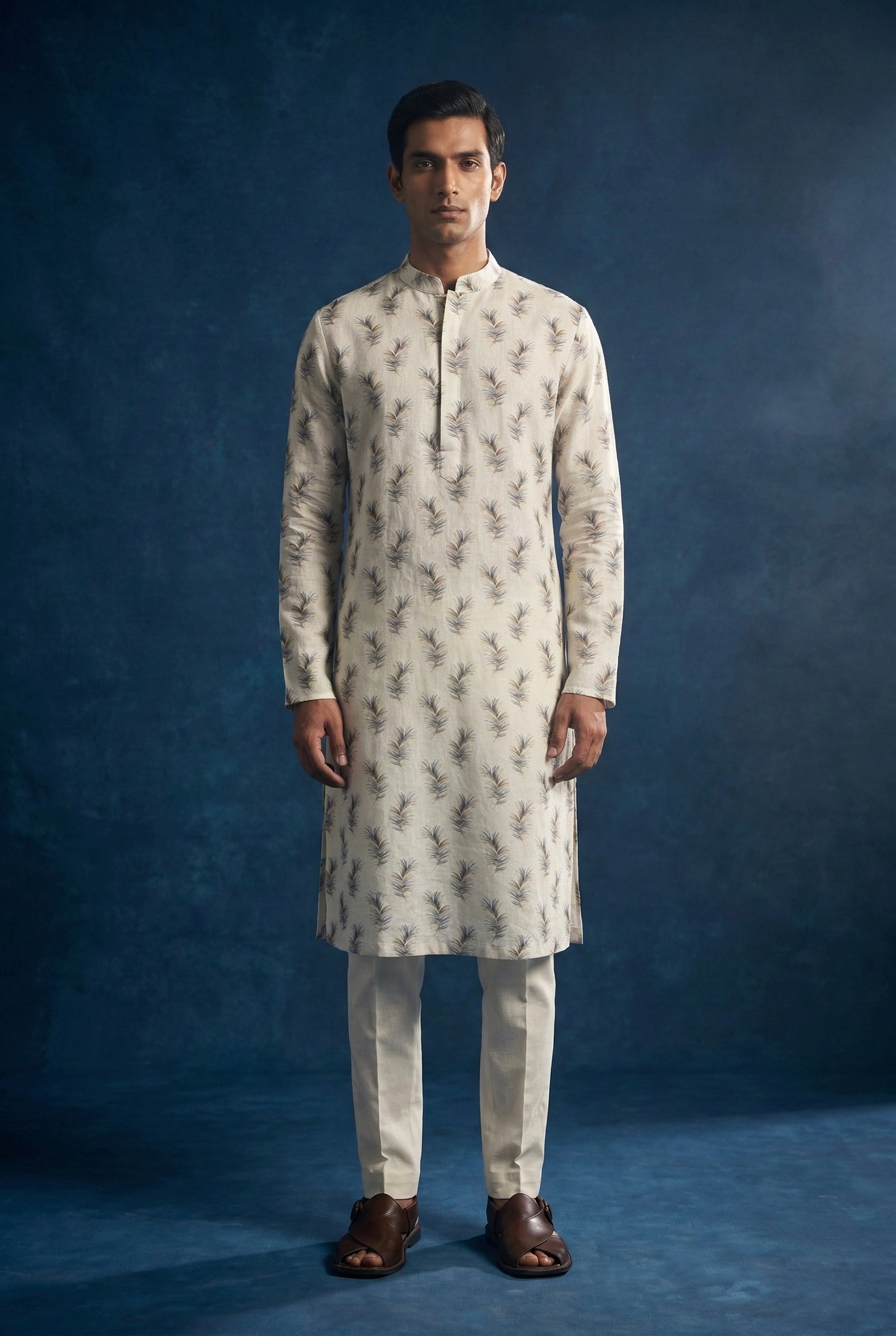 Ivory Palm Printed 100% Linen Kurta with Trousers