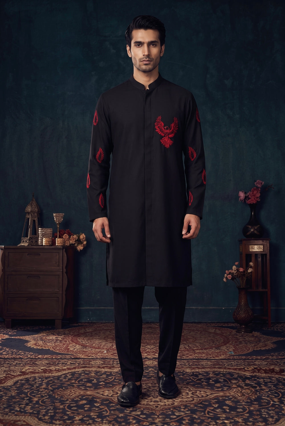 Black Kurta Set with Red Embroidery