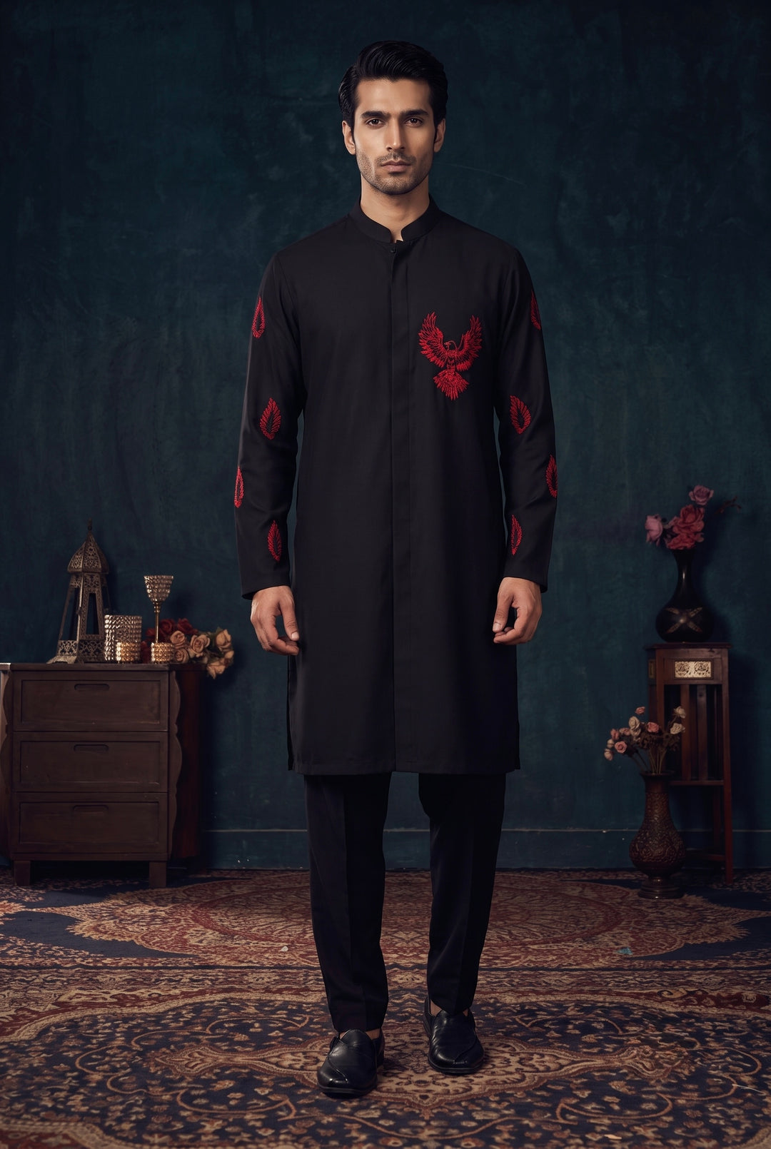 Black Kurta Set with Red Embroidery