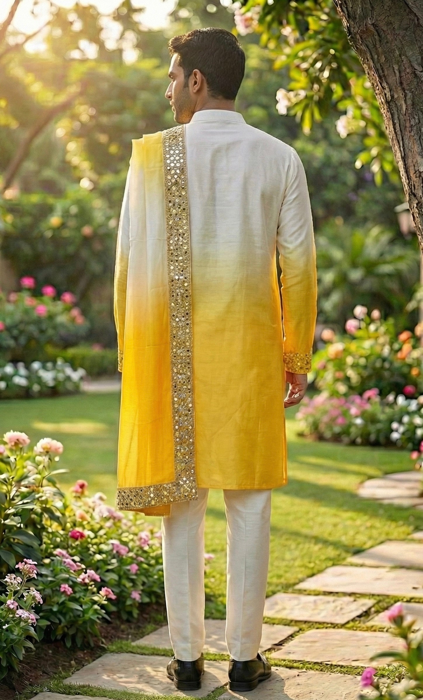 Yellow-White Ombre Linen Silk Mirror Cutwork Kurta Set