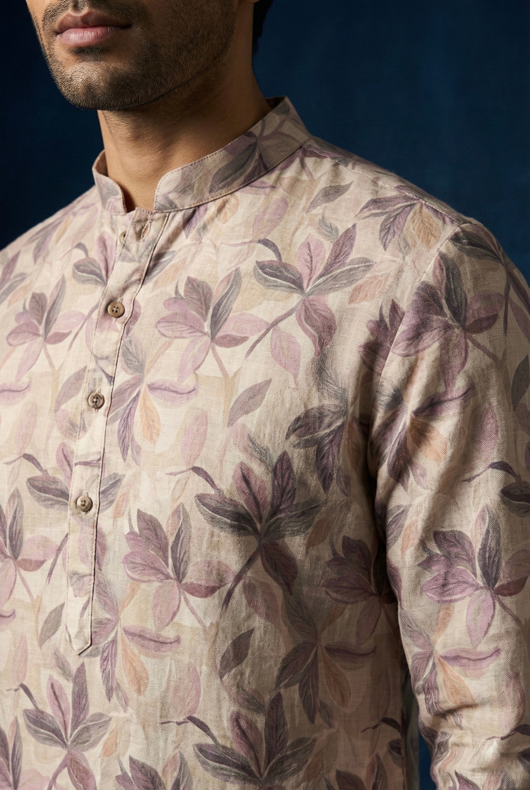 Beige Floral Printed 100% Pure Linen Kurta for Men