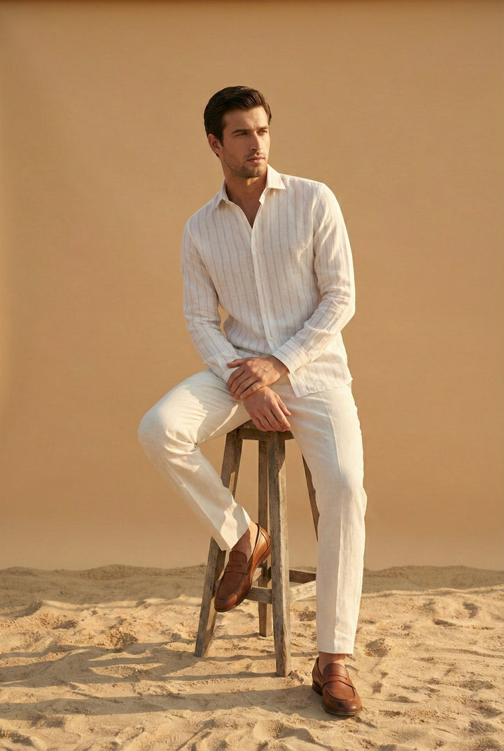 Ivory Striped Pure Linen Shirt for Men
