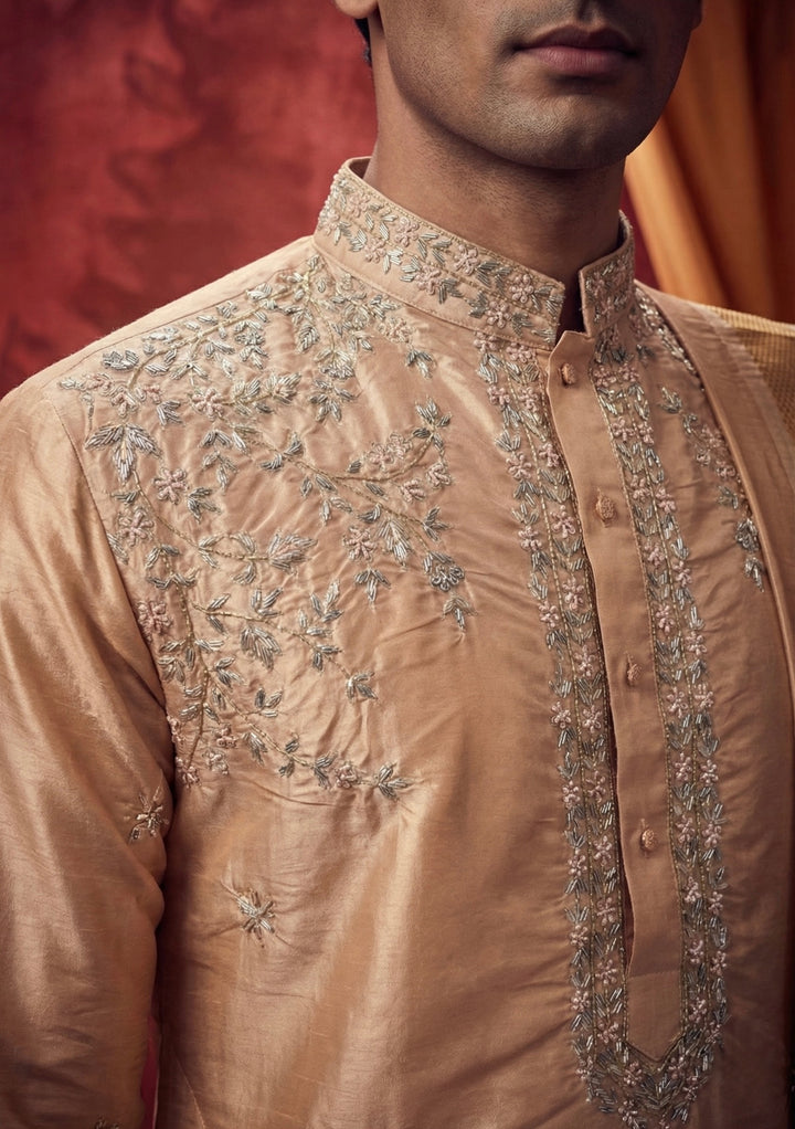 Peach Silk Embroidered Pattu Kurta with Dhoti &amp; Angavastram