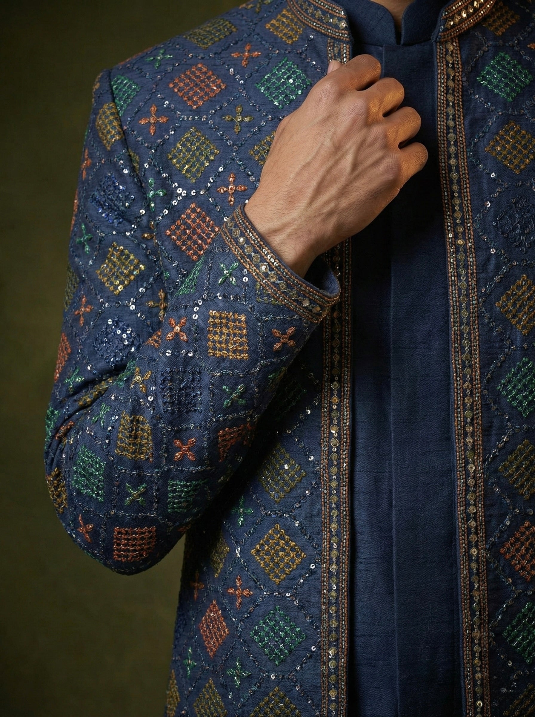 Midnight Blue Geometric Embroidered Layered Sherwani Set for Men