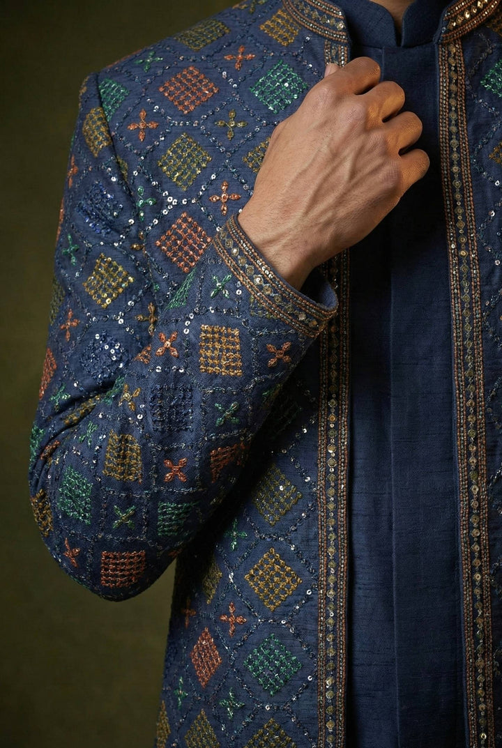 Abees Blue embroidered layered sherwani set - back view