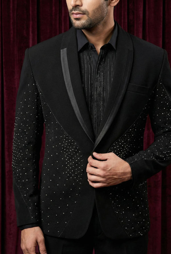 Abees Black sequin embellished tuxedo suit for men - back view