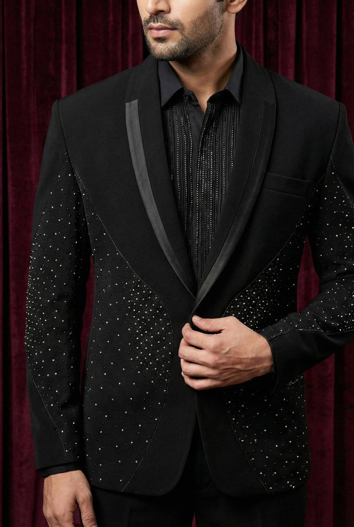 Abees Black sequin embellished tuxedo suit for men - back view