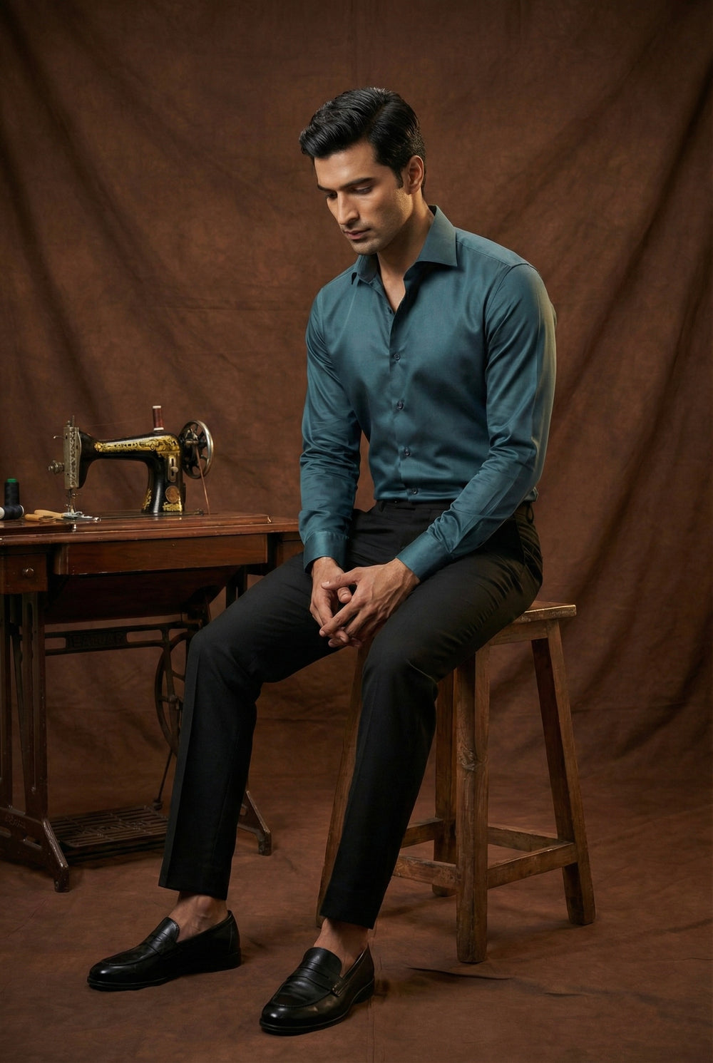 Abees Teal blue solid formal shirt - back view