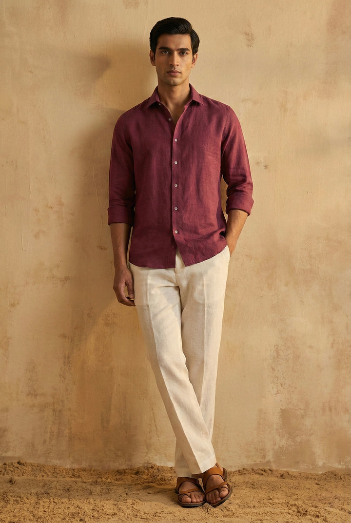 Wine Red Pure Linen Shirt for Men