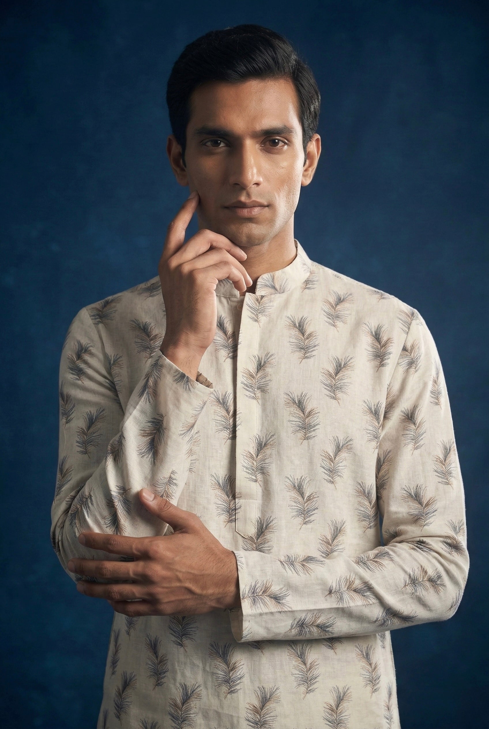 Ivory Palm Printed 100% Linen Kurta with Trousers