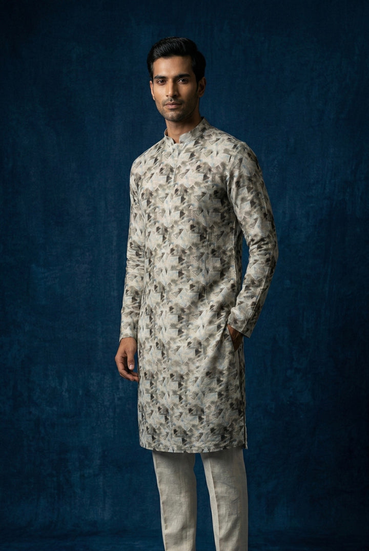 Abees Grey linen printed kurta set with trousers - back view