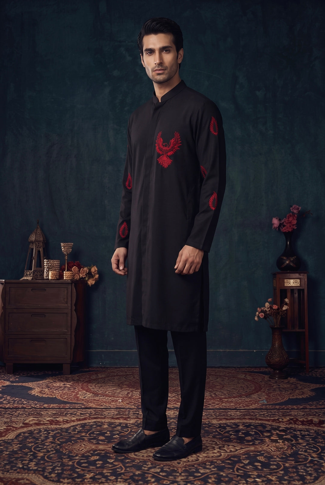 Black Kurta Set with Red Embroidery