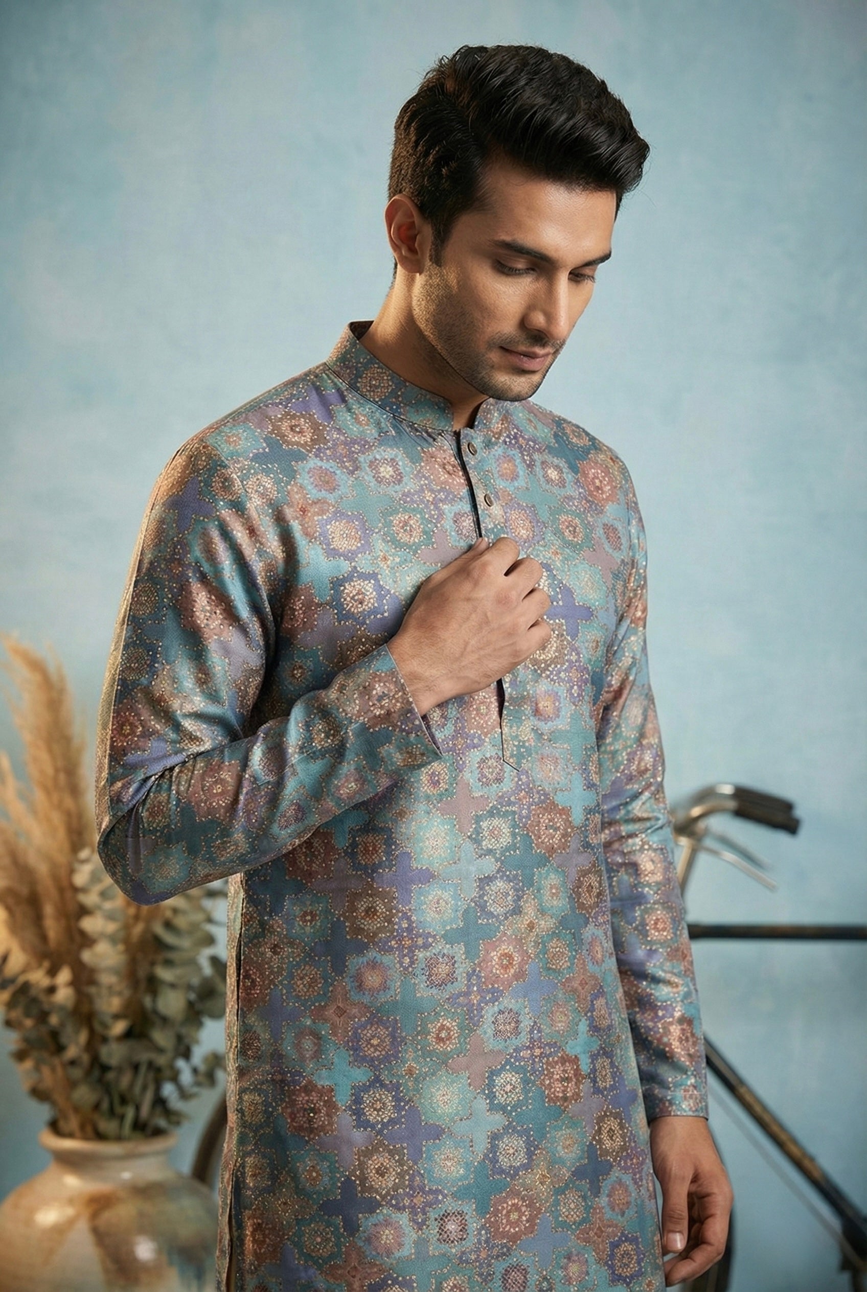 Teal Blue Geometric Printed Kurta for Men