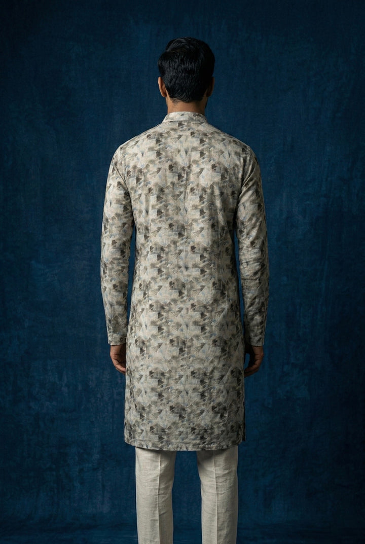 Abees Grey linen printed kurta set with trousers - side view