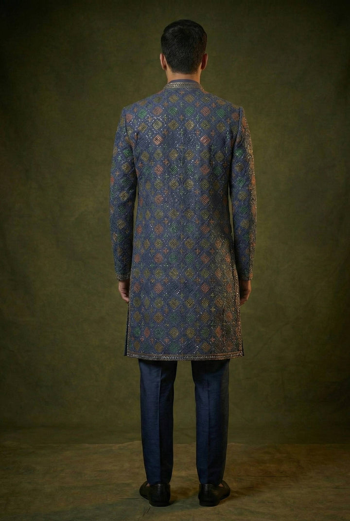Abees Blue embroidered layered sherwani set - side view