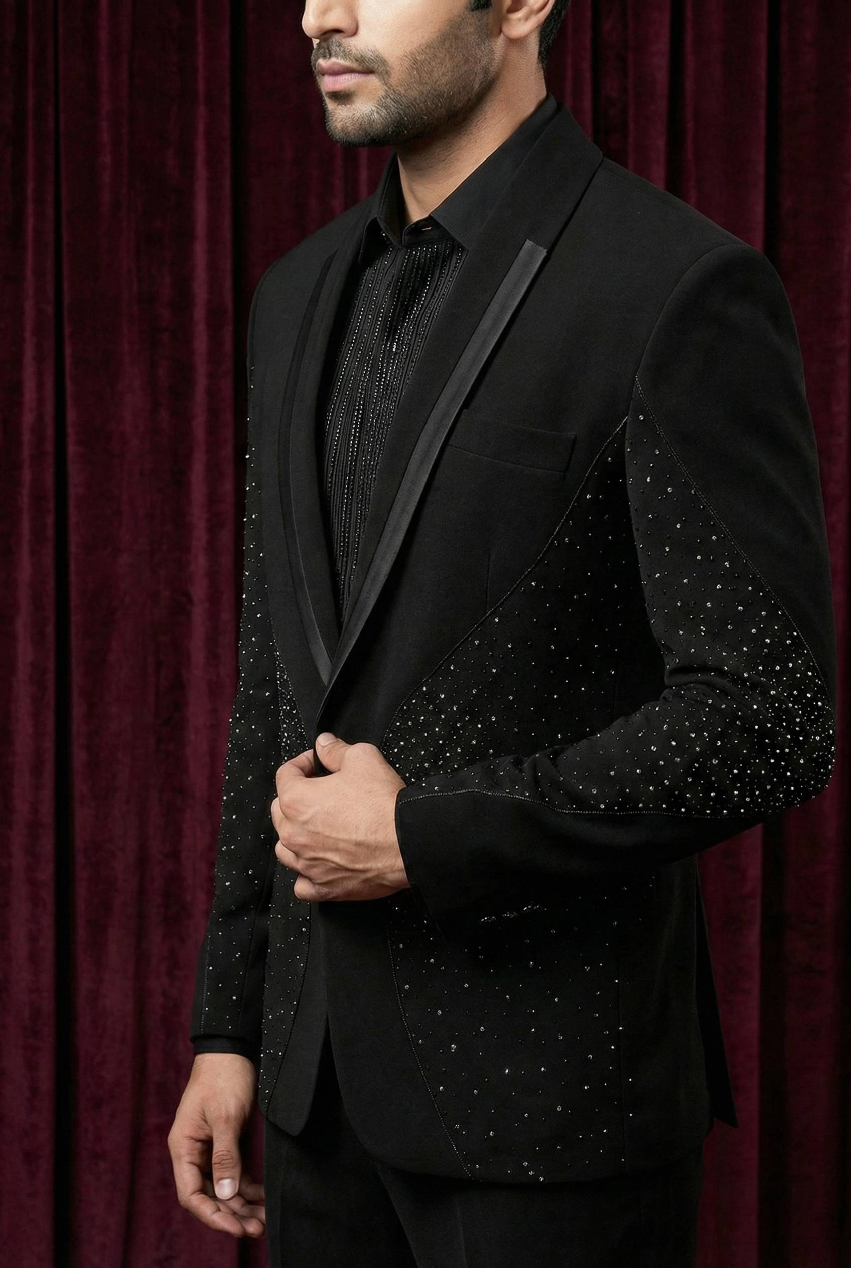 Abees Black sequin embellished tuxedo suit for men - side view