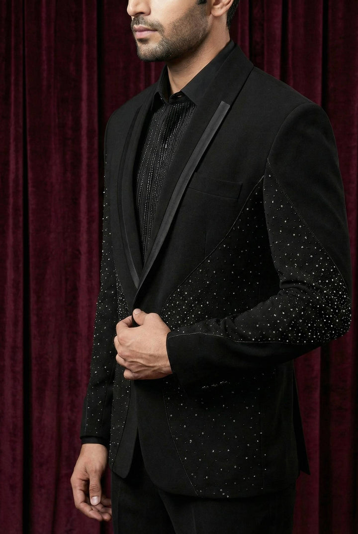 Abees Black sequin embellished tuxedo suit for men - side view
