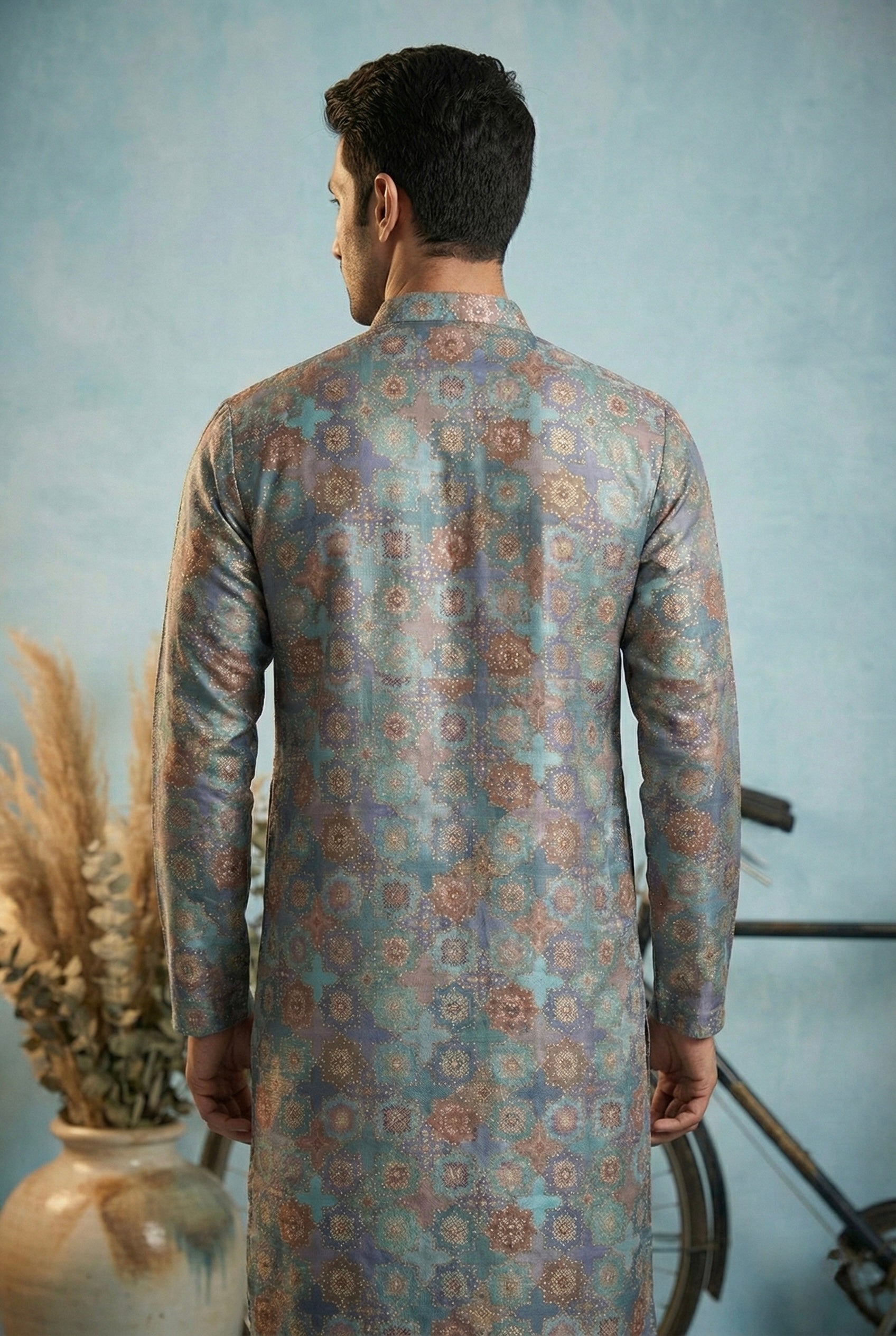 Teal Blue Geometric Printed Kurta for Men