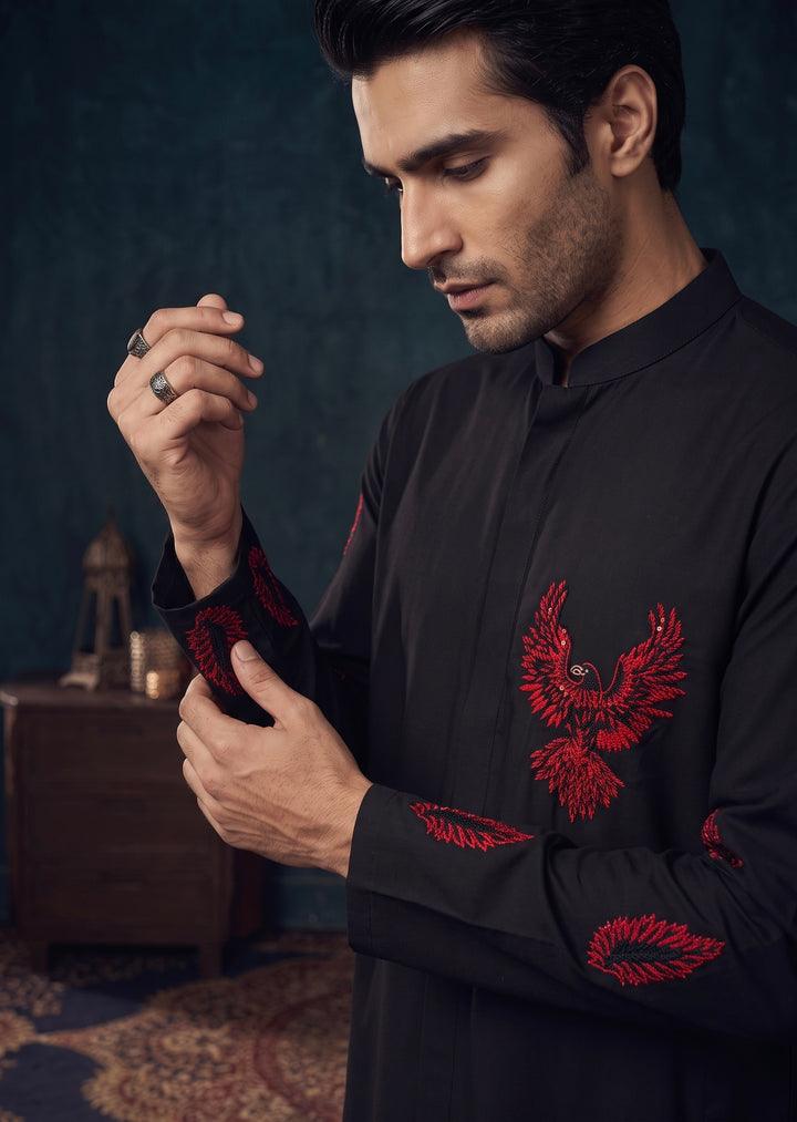 Black Kurta Set with Red Embroidery
