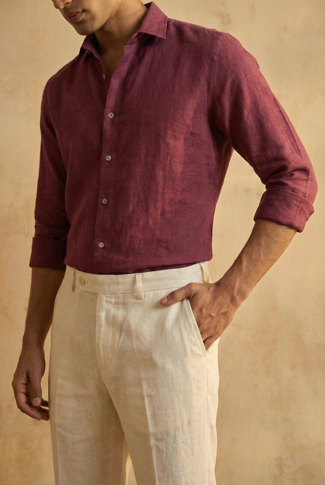 Wine Red Pure Linen Shirt for Men
