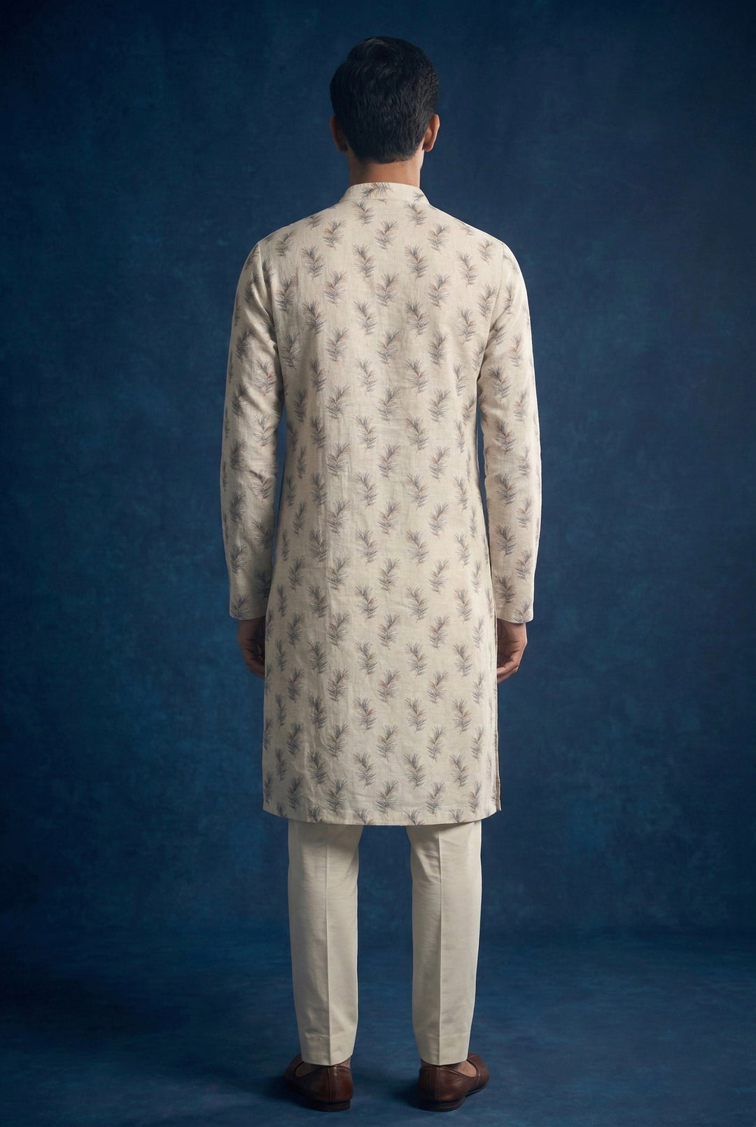 Abees Beige linen printed kurta set with trousers - side view