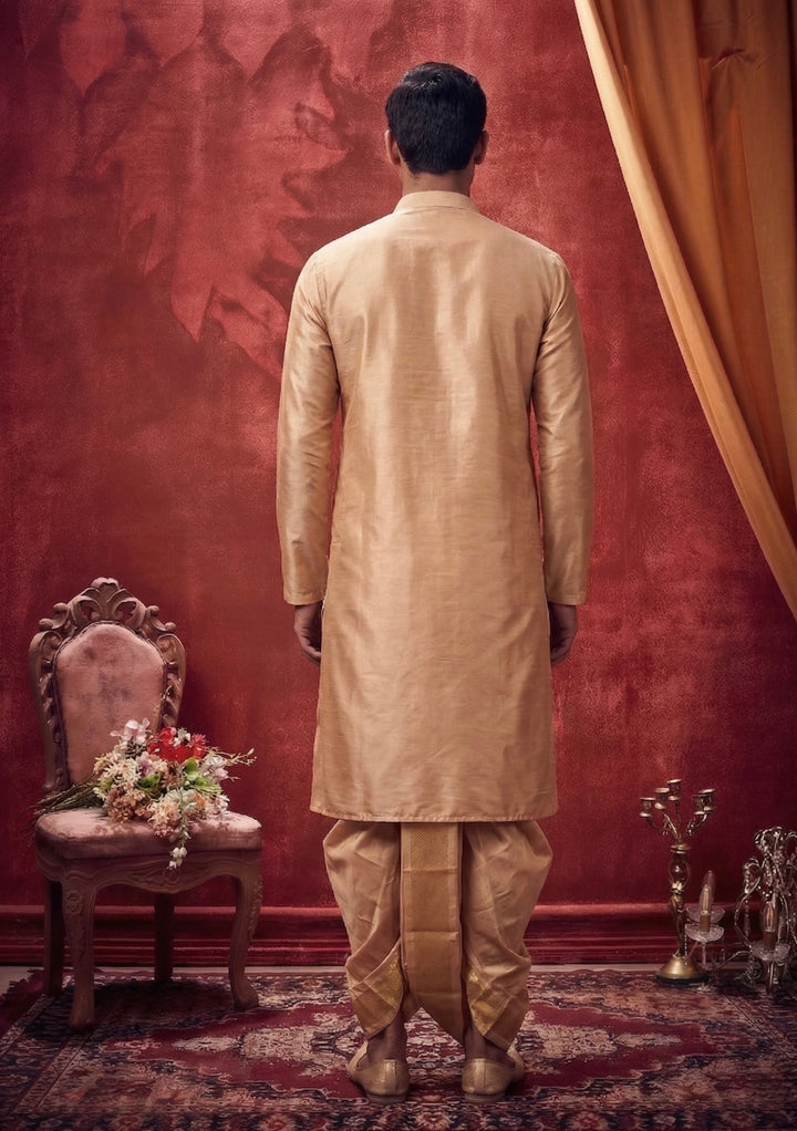 Peach Silk Embroidered Pattu Kurta with Dhoti &amp; Angavastram