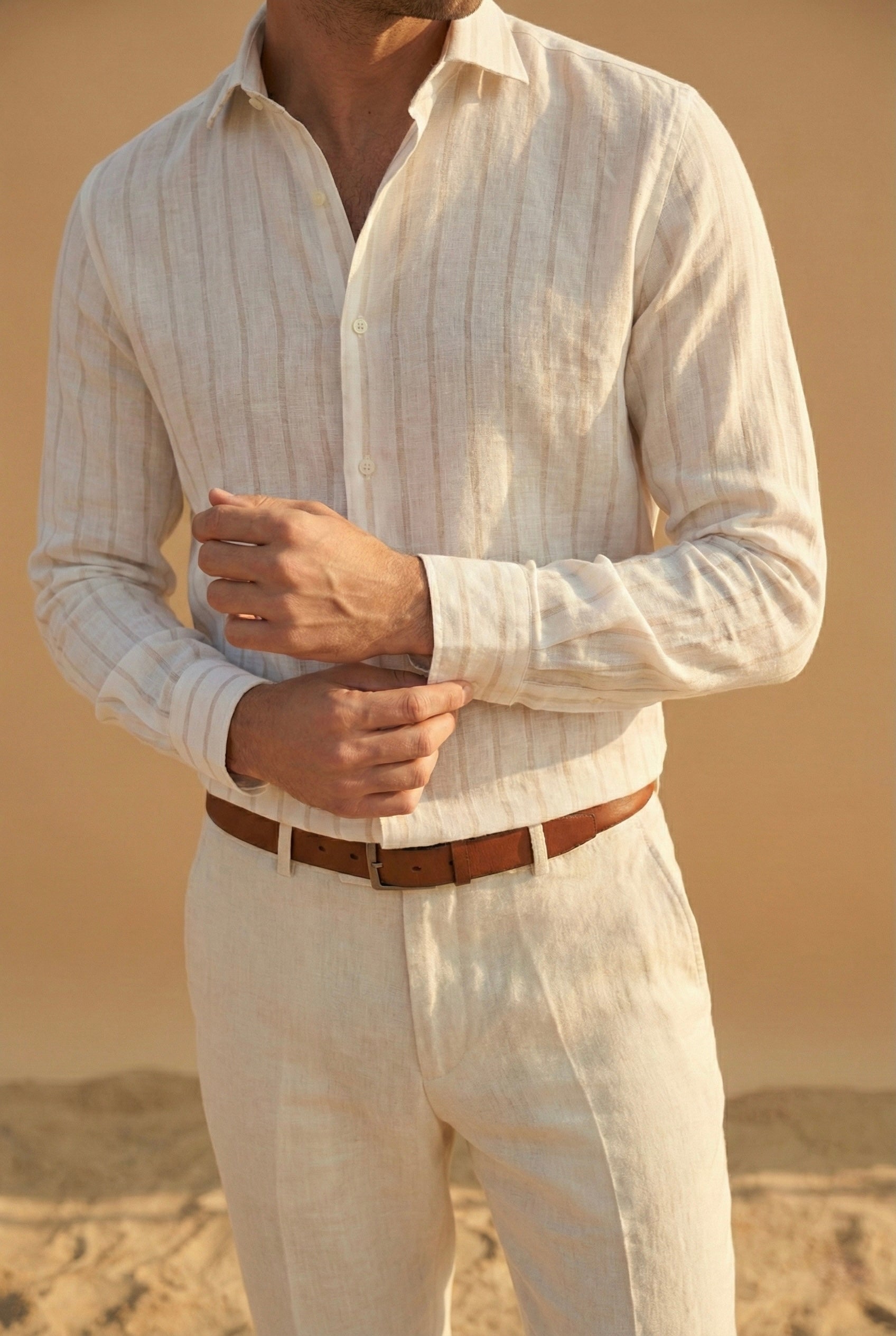 Ivory Striped Pure Linen Shirt for Men