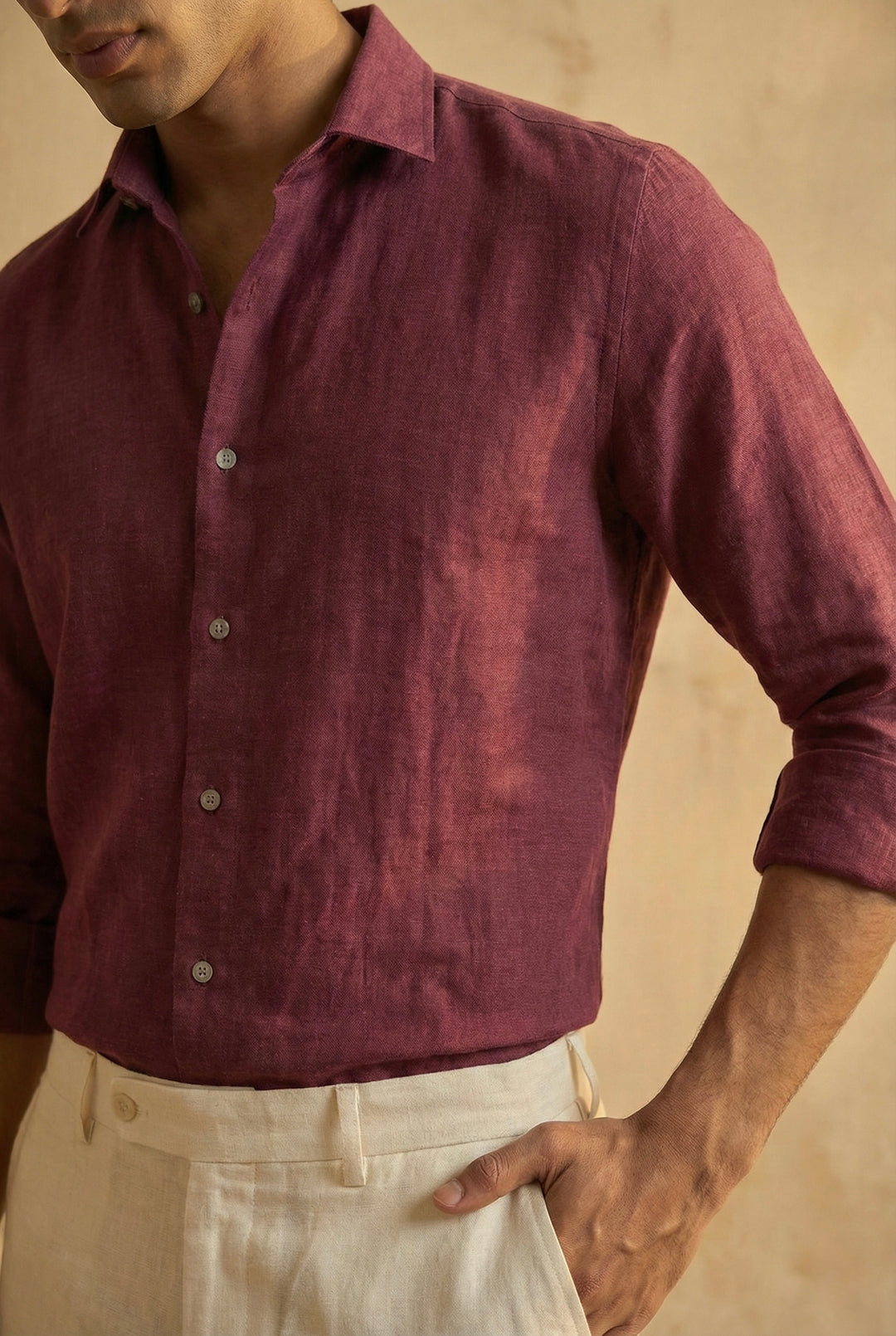 Wine Red Pure Linen Shirt for Men