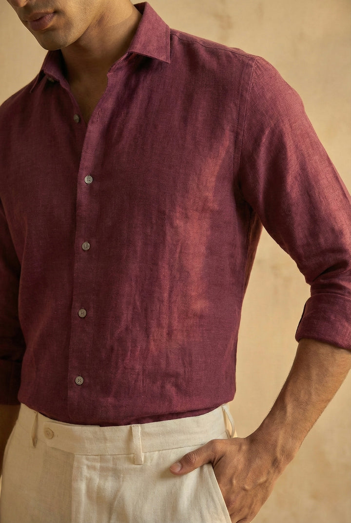 Wine Red Pure Linen Shirt for Men