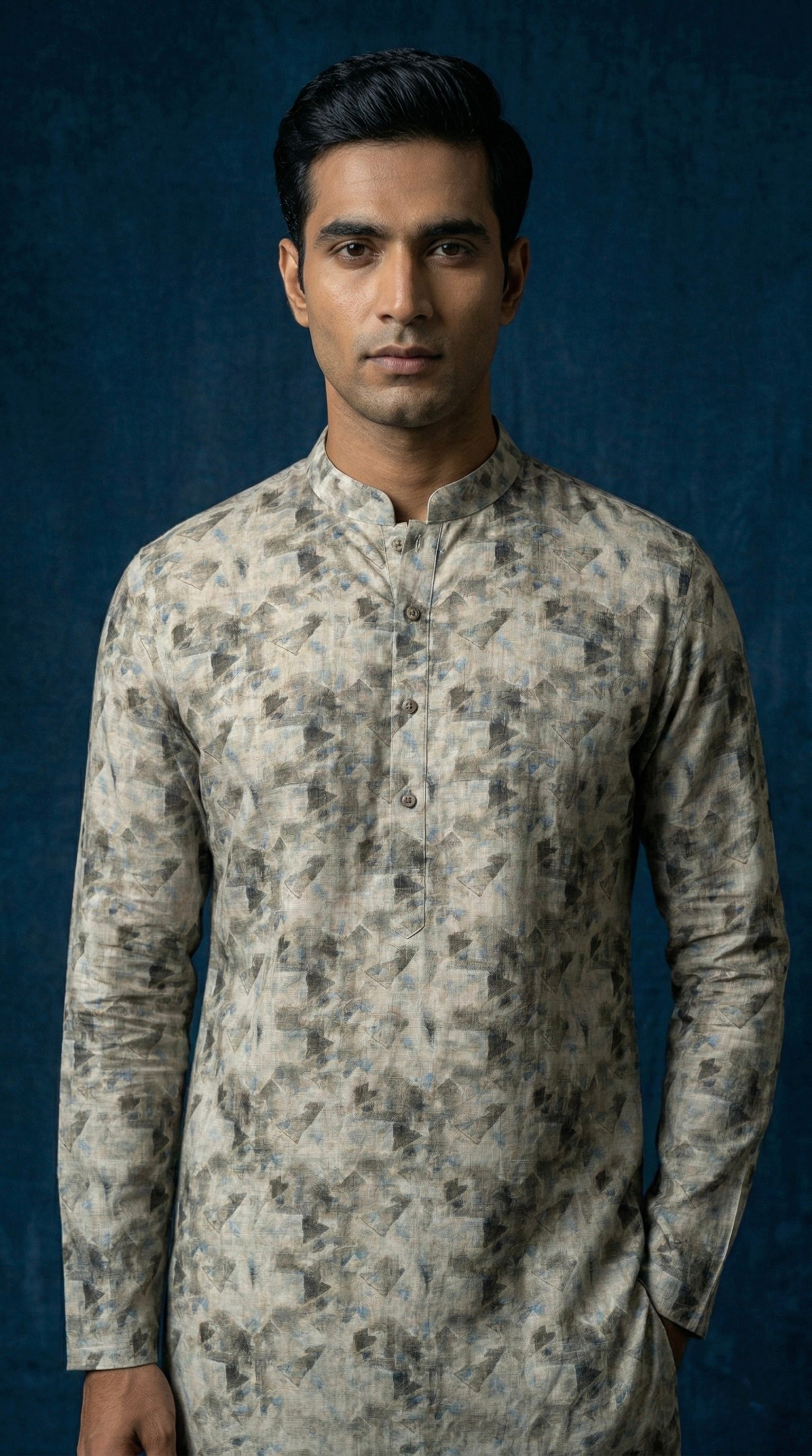 Grey Geometric Printed 100% Linen Kurta with Trousers