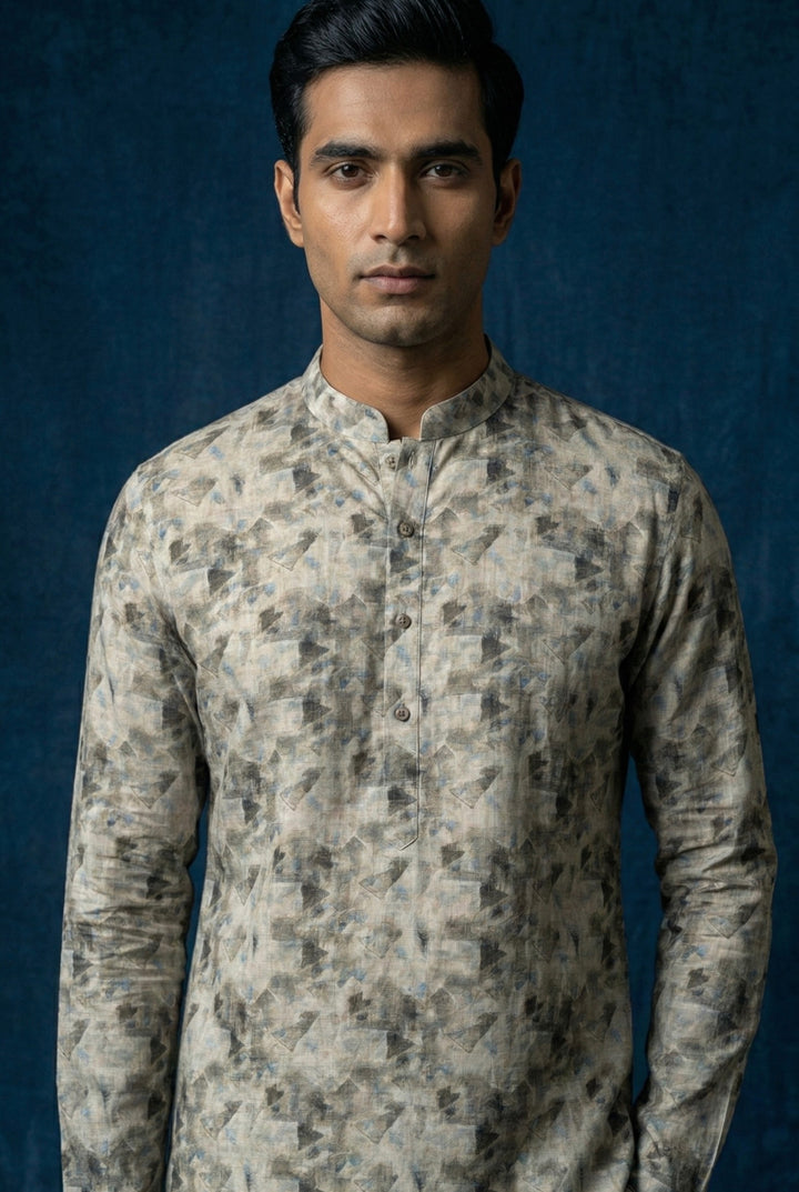 Abees Grey linen printed kurta set with trousers - detail view 1