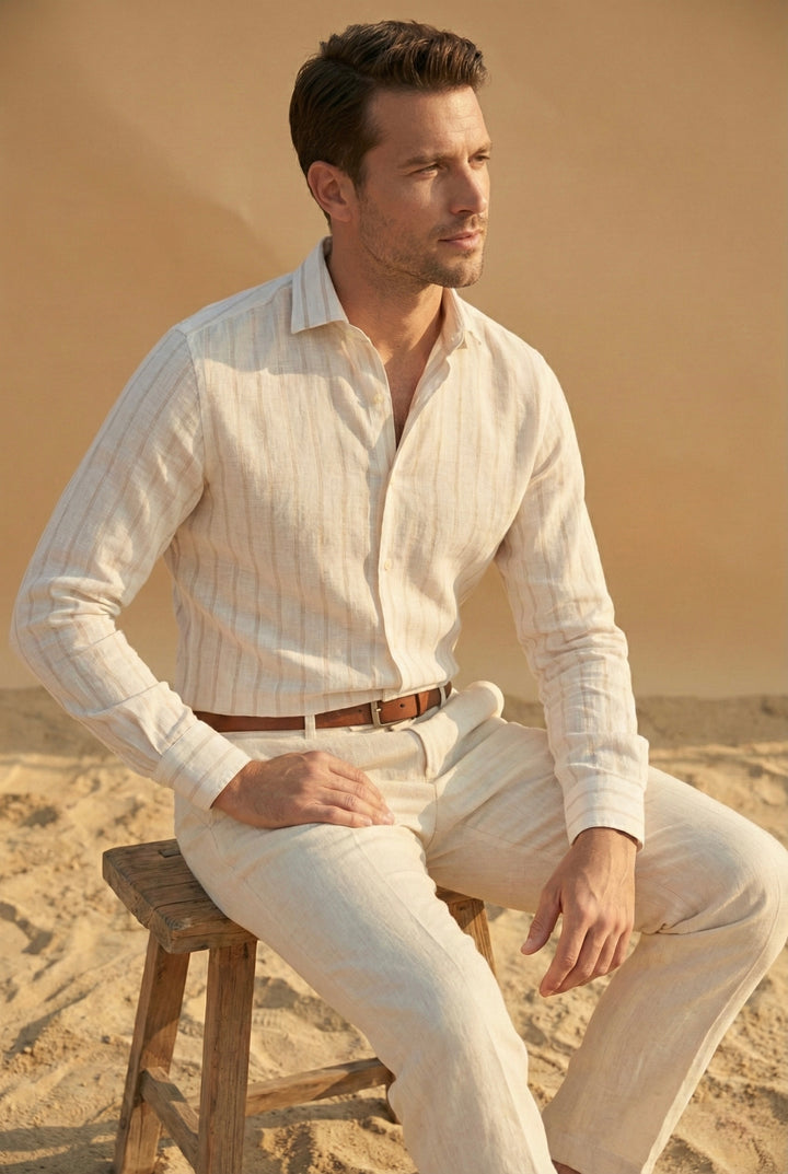 Ivory Striped Pure Linen Shirt for Men