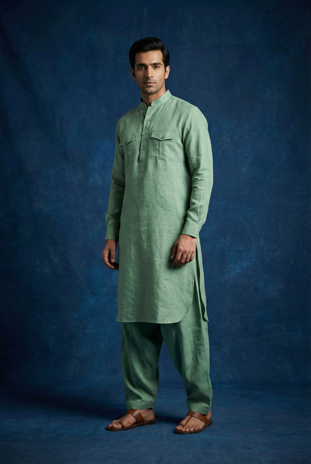 Abees Green linen solid kurta set with pyjama - front view