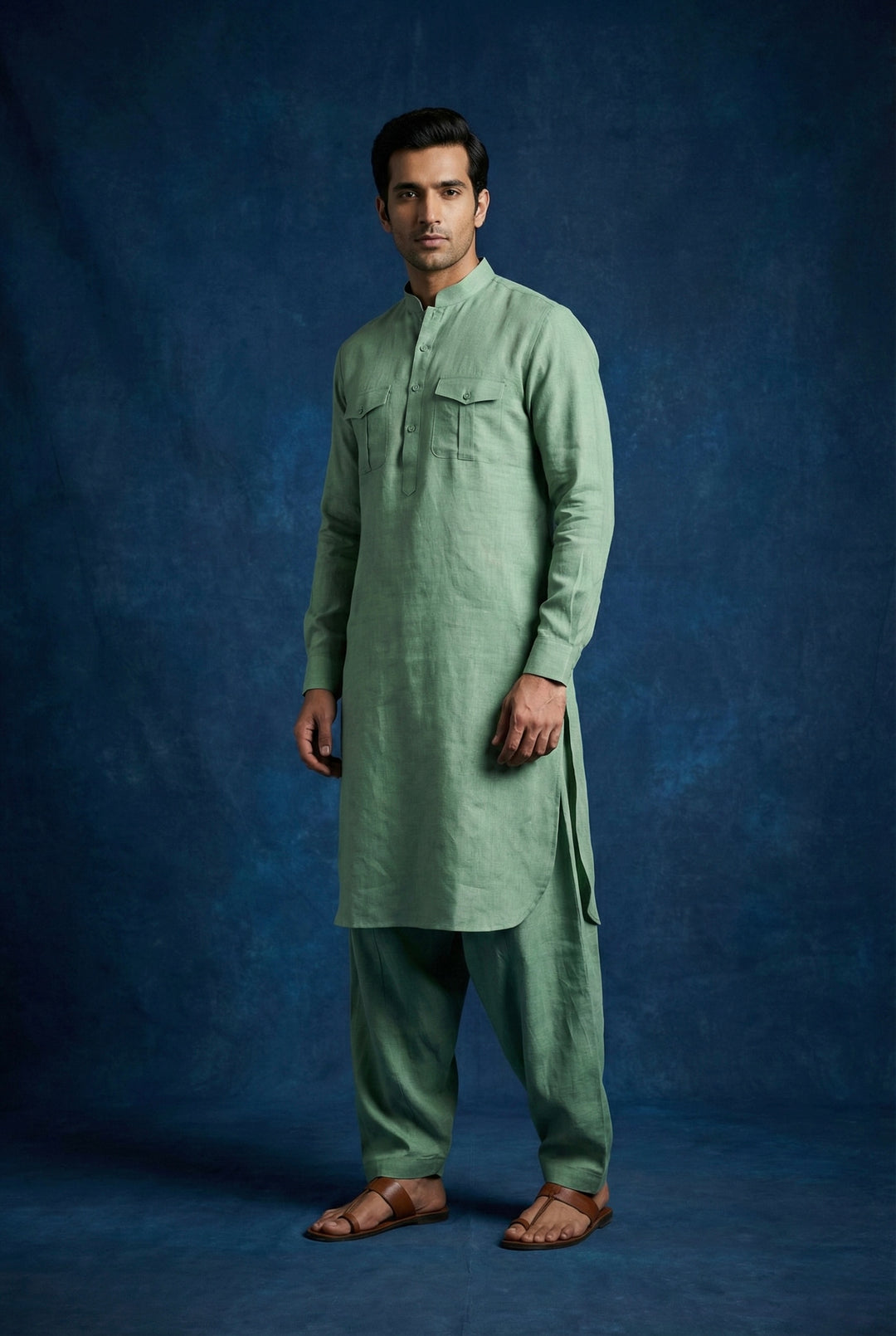 Abees Green linen solid kurta set with pyjama - front view