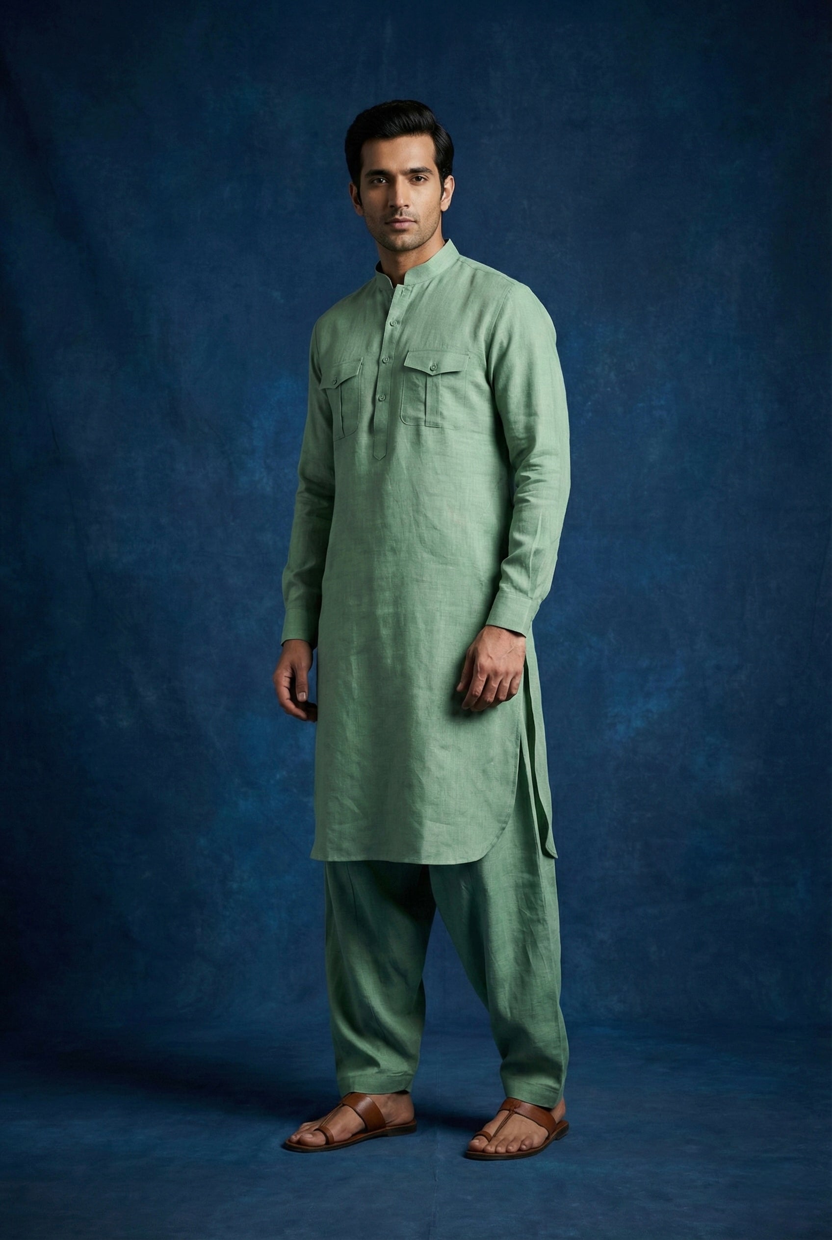 Sage Green 100% Linen Kurta Pajama Set for Men