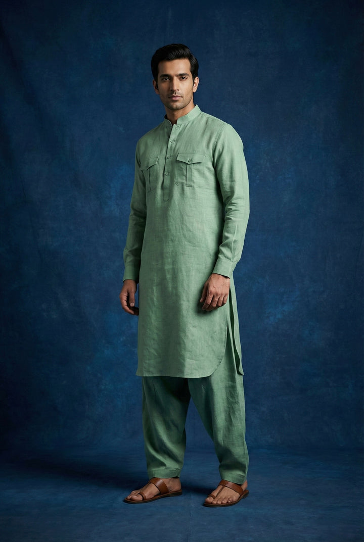 Abees Green linen solid kurta set with pyjama - front view