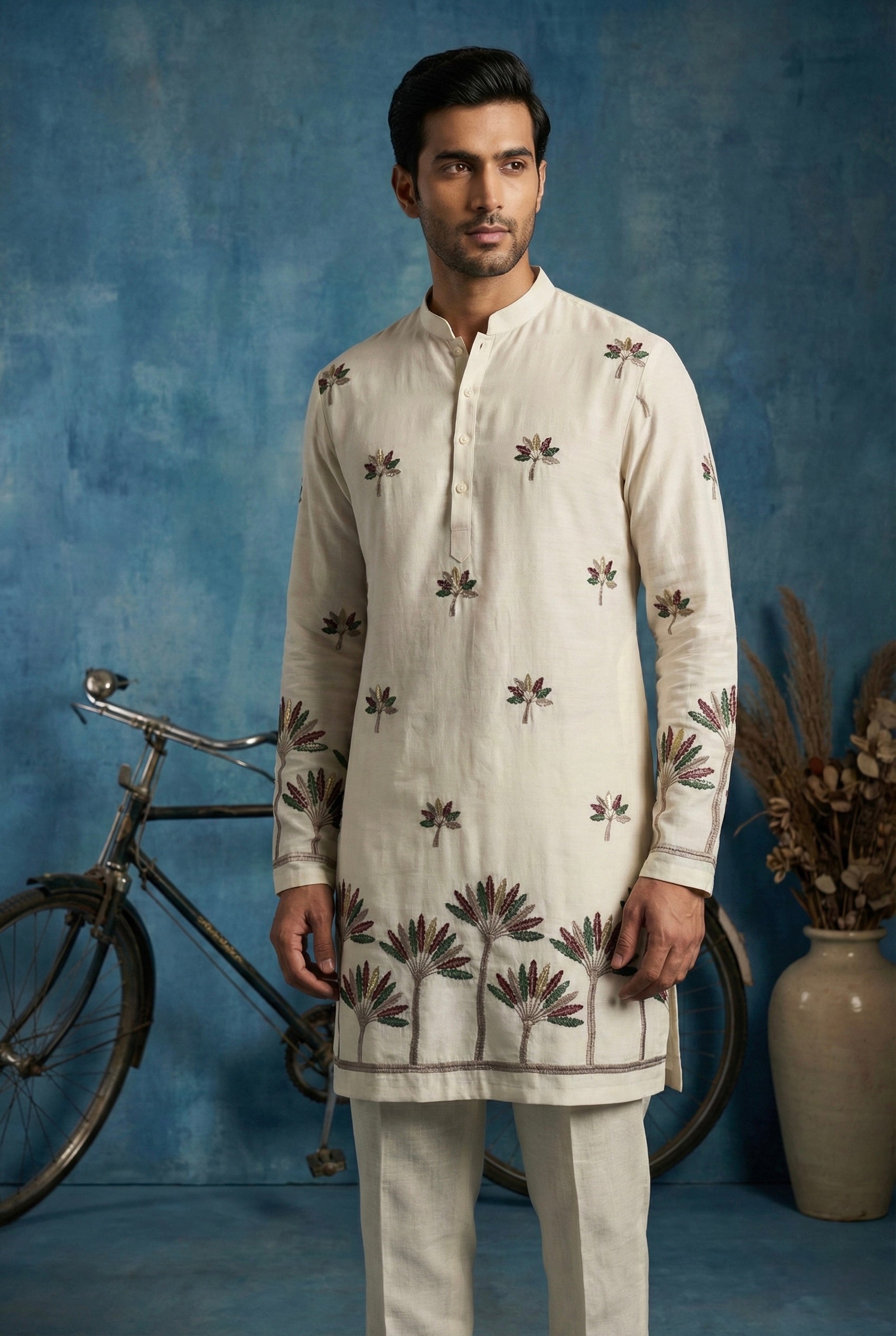 Ivory Palm Motif Embroidered Kurta Set for Men