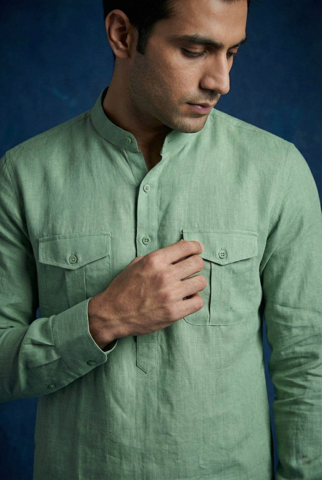 Abees Green linen solid kurta set with pyjama - back view