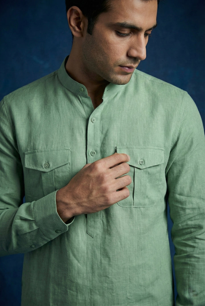 Abees Green linen solid kurta set with pyjama - back view