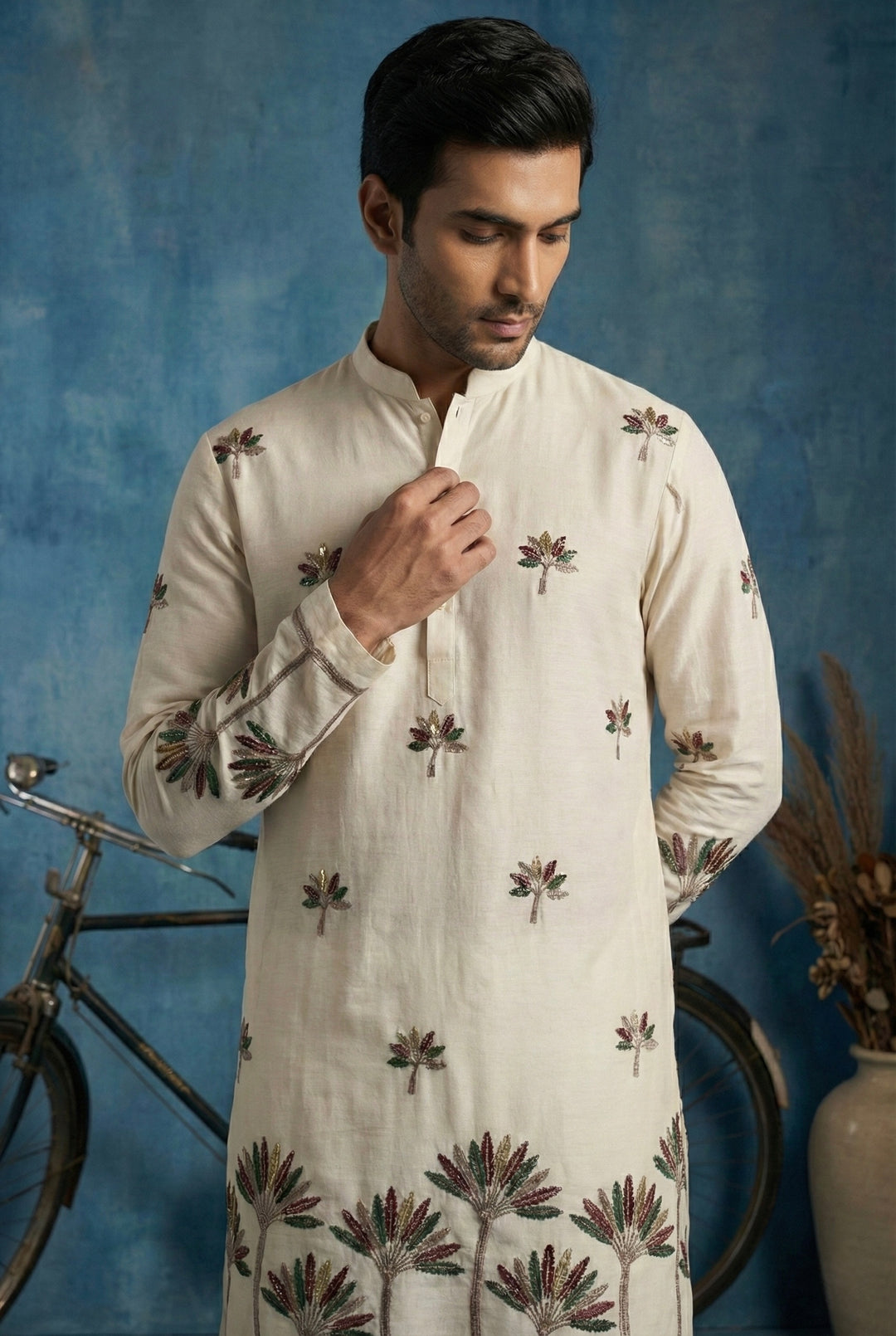 Ivory Palm Motif Embroidered Kurta Set for Men