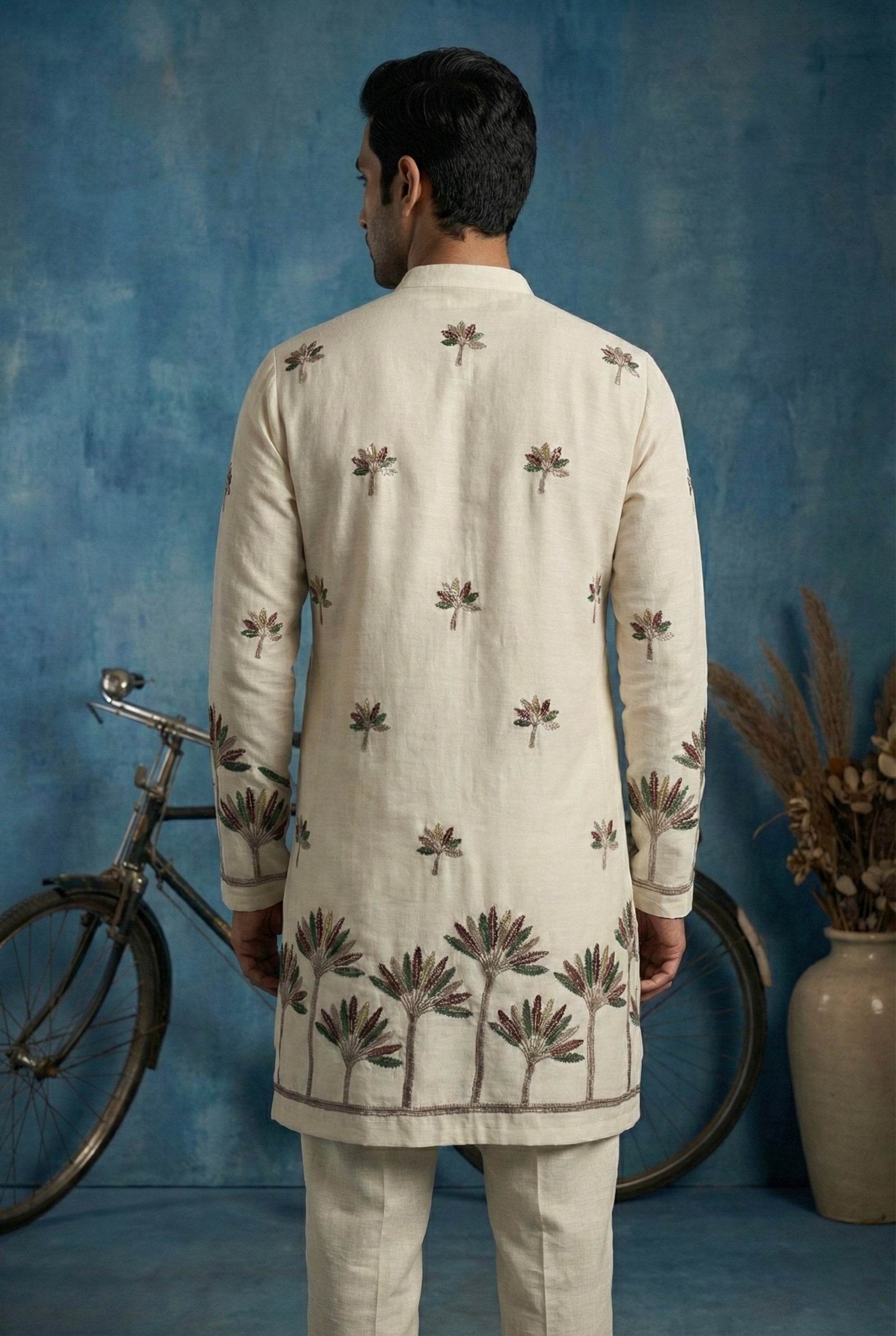 Ivory Palm Motif Embroidered Kurta Set for Men