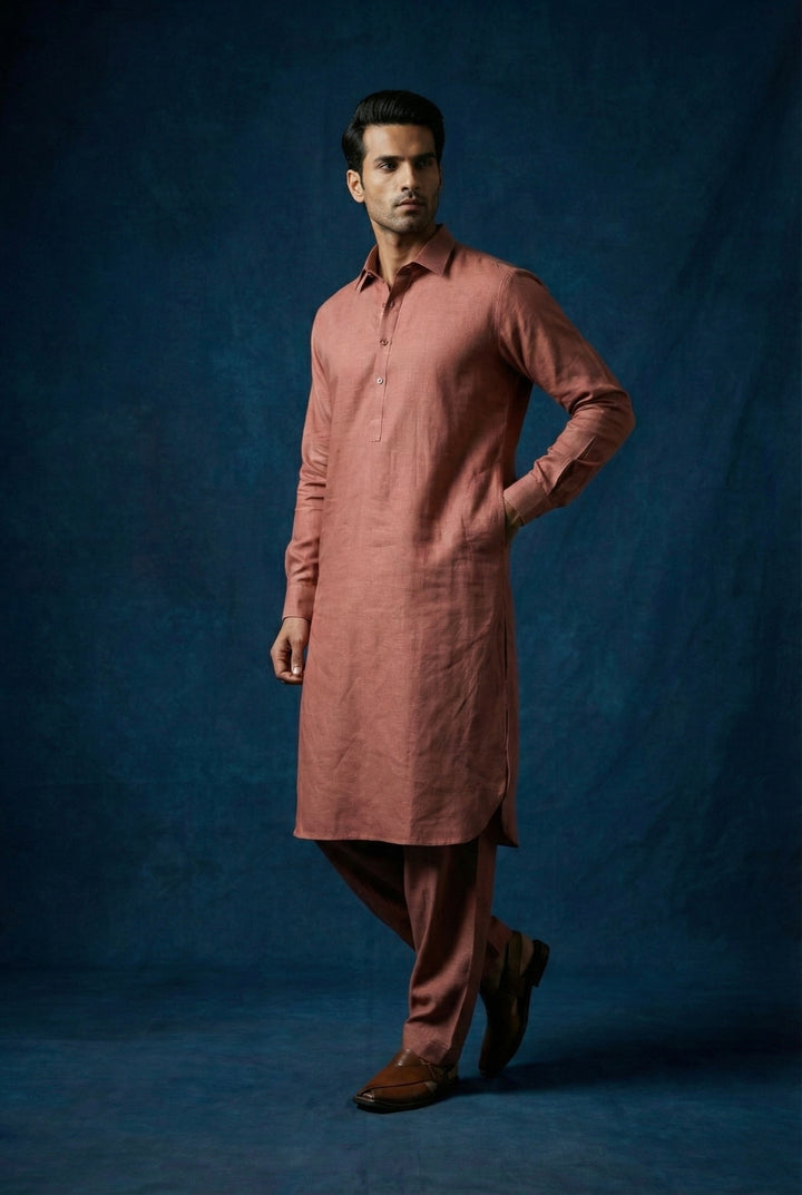 Abees Brown linen solid kurta set with pyjama - front view