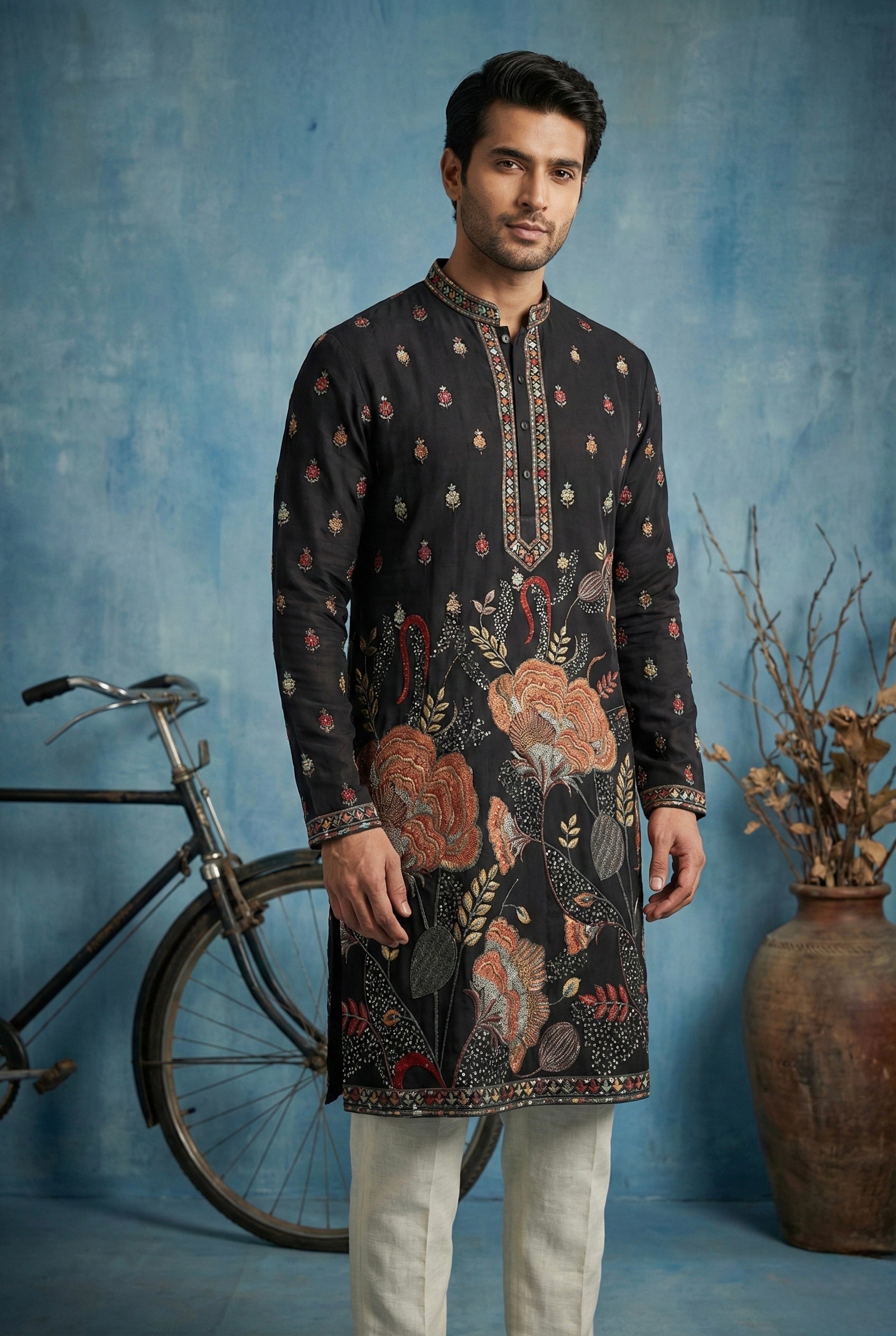 Midnight Black Floral Heritage Embroidered Kurta for Men