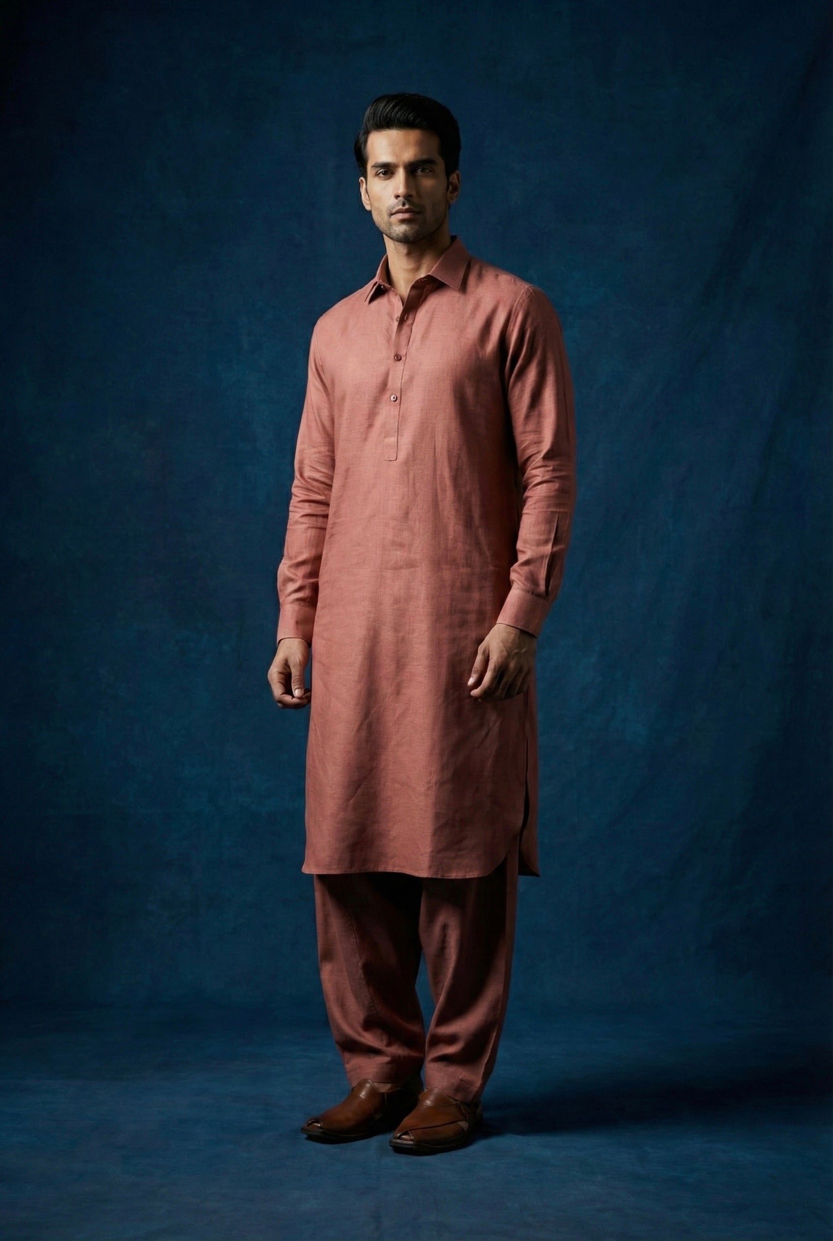 Rust Brown 100% Pure Linen Kurta Pajama Set for Men